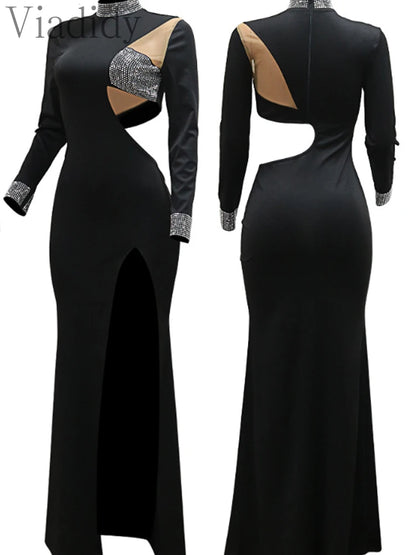Women Sexy Rhinestone Floor Length High Slit Mermaid Party Dress
