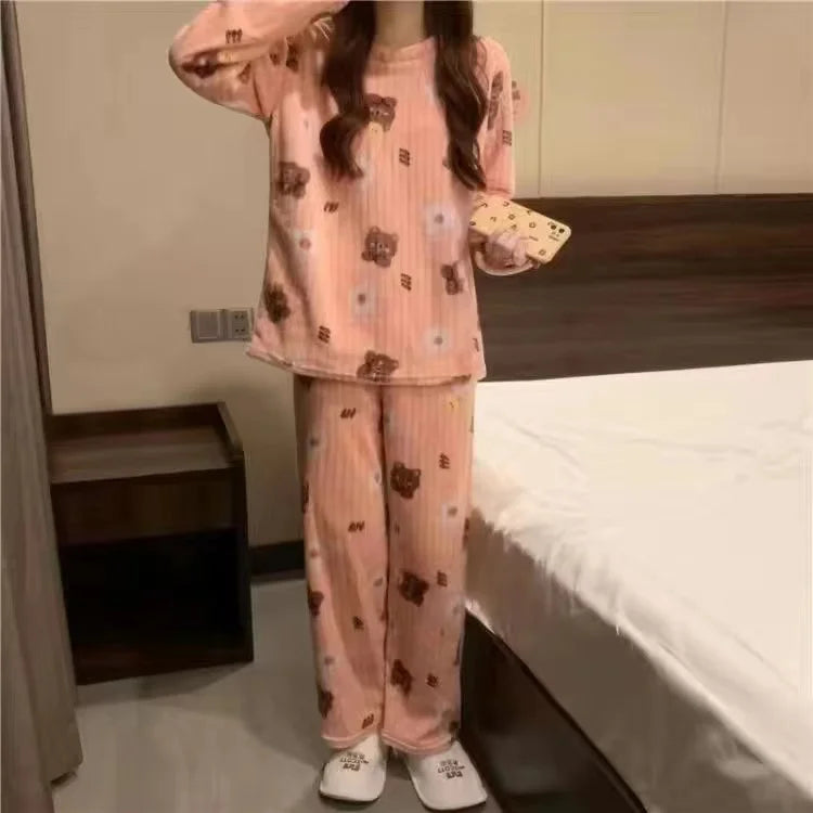 2025 Autumn Winter Warm Flannel Women Pijamas Sets Thick Coral Velvet Long Sleeve Cartoon Sleepwear Thin Flannel Pajamas Set