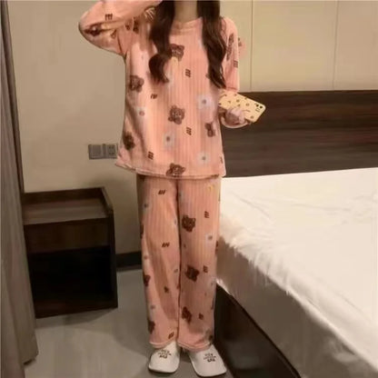 2025 Autumn Winter Warm Flannel Women Pijamas Sets Thick Coral Velvet Long Sleeve Cartoon Sleepwear Thin Flannel Pajamas Set