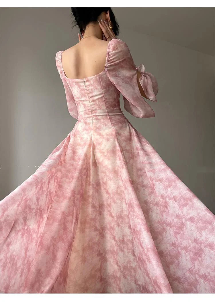 Pink Floral Dress Summer Woman Long Sleeve Chiffon Casual Midi Dress Even Party Elegant Formal Dress Beach Style 2025 Summer