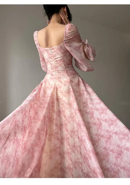 Pink Floral Dress Summer Woman Long Sleeve Chiffon Casual Midi Dress Even Party Elegant Formal Dress Beach Style 2025 Summer