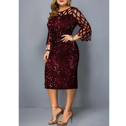 Elegant Sequin Plus Size 4XL 5XL Women Midi Dress Sexy Casual Evening Party Dress Gown Wedding Luxury Robe Rouge Vestidos