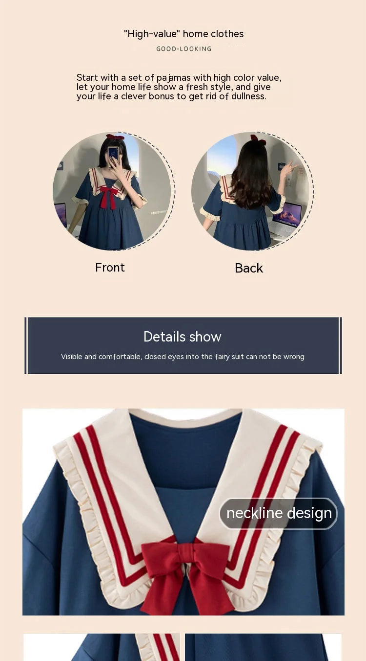 Pajamas Two-Piece Female Spring and Summer New Short-Sleeved Princess Navy Wind Sweet and Cute Students Cartoon Ladies Home wear