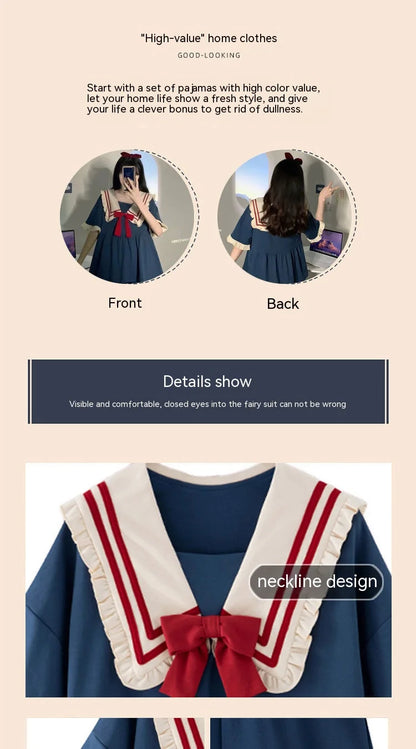 Pajamas Two-Piece Female Spring and Summer New Short-Sleeved Princess Navy Wind Sweet and Cute Students Cartoon Ladies Home wear