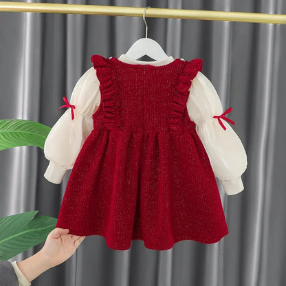 Toddler Baby Girls Dress Autumn  Winter Kids Red Christmas New Year Plush Warm Dress Infant Clothing Set Top+ skirt For 1-4 Years