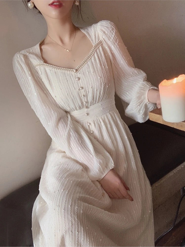 2025 Summer New Women Fashion Elegant White Midi Dresses Vintage Princess Female Party A Line Clothes Prom Robe Vestdios