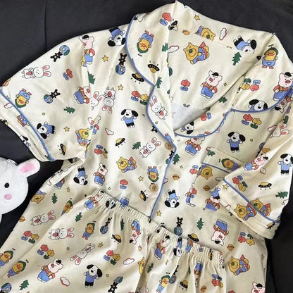 Plus Size Ins Cartoon Pajamas Set Korean Student Summer Internet Celebrity Girl Short Sleeve Shorts Thin Loose Home wear