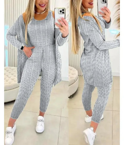 Elegant Fall Outfits Women 2025 Suit Fashion Versatile Casual Round Neck Tank Top & Drawstring Pants Set with Coat Three-piece