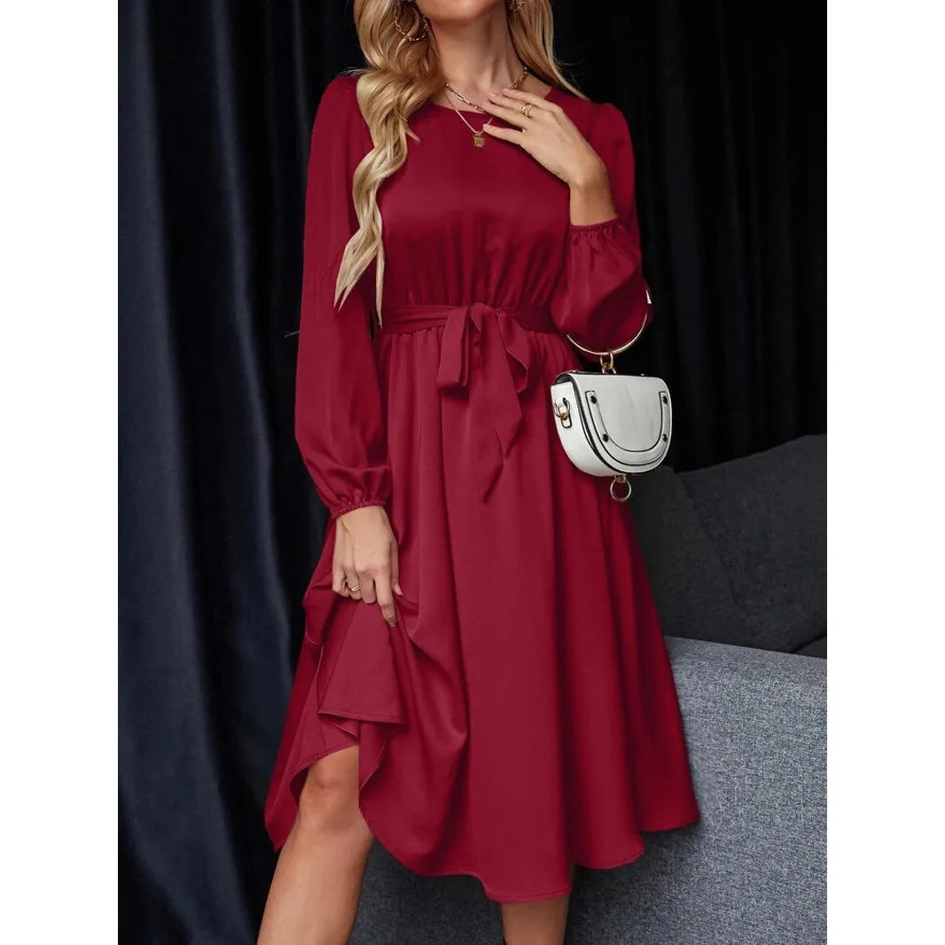 Summer Women's New Fashion Lantern Sleeves Keyhole Back Lace Up Waist Satin Round Neck Long Sleeve Medium Length Dress