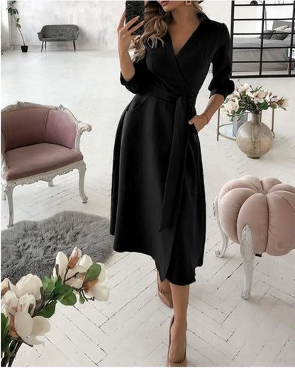 Office Women Casual Sashes A-Line Wrap Summer Dress 2025 Print Long Sleeve V-Neck Dress Pocket Elegant Midi Party Dress Vestidos