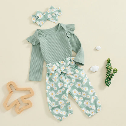 0 3 6 9 12 18 Months Baby Girl Clothes Ruffle Sleeve Romper Daisy Pant Sets Fall Winter Outfit for Infant Toddler