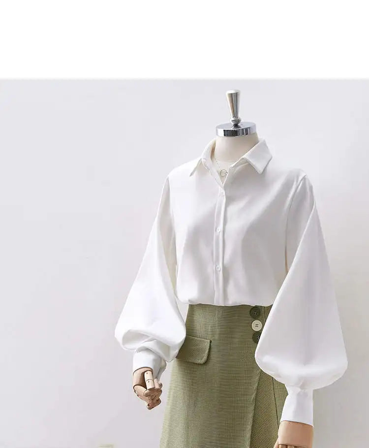 Lantern Sleeves Vintage Shirts Women Elegant White Women's Blouse with Lush Sleeves 2025 Fashion Button Up Shirt Black dropship
