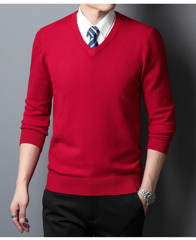 Men's Sweater Fashion Solid Color Warm Sweater Business Casual Heart Neckline Sweater Pullover Men