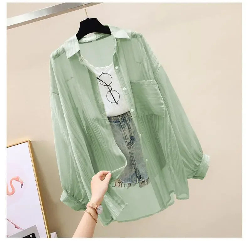 Shirts Women Sheer Thin Chic Summer Simple Solid Sun-proof Temper Fashion Baggy All-match Basic Korean Style Clothes
