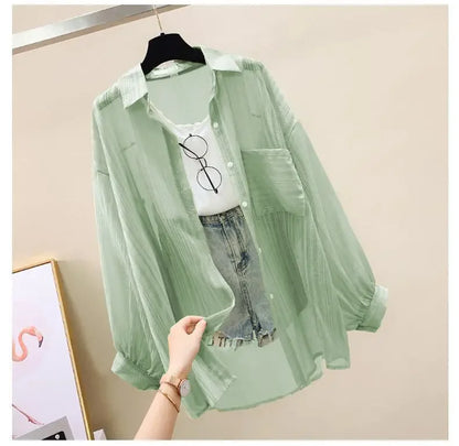 Shirts Women Sheer Thin Chic Summer Simple Solid Sun-proof Temper Fashion Baggy All-match Basic Korean Style Clothes