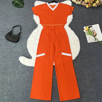 Elegant Women's Casual Short Sleeve T-shirt Sports Suit Summer Fashion Solid V Neck Short Top & Straight Pants Two Piece Sets