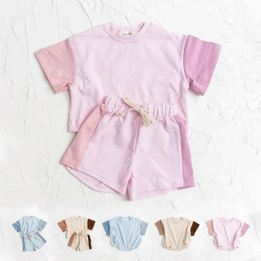 2025 New Summer Casual T-shirt Korean Boys' and Girls' Short Sleeve Shorts Newborn Fashion Contrast Color Two Piece Baby Set