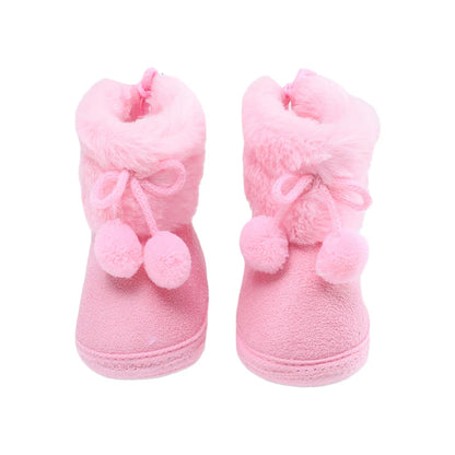 Suefunskry Toddler Baby Girls Boys Boots Winter Warm Soft Sole Fluffy Lace up Boots Cute Plush Pom Decoration Non Slip Shoes