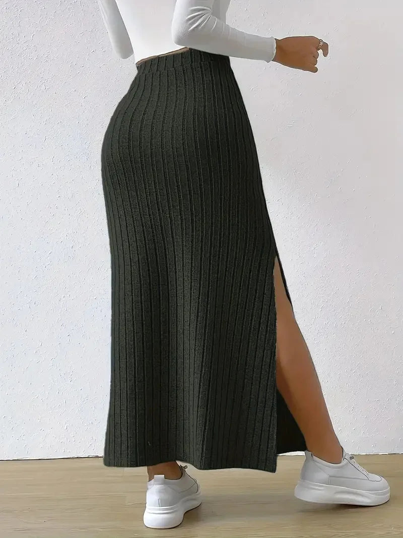 Women's Slit Knitted Skirt 2025 New Solid Color Hip-covering High Waist Side Slim Long Skirt Women's Skirt