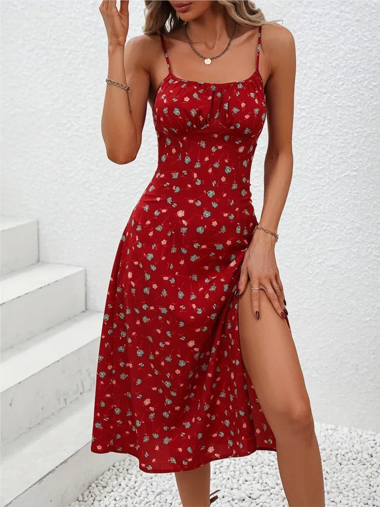 2025 Summer Sexy Spaghetti Straps Dress Women Fashion Polka Dot Print Sleeveless Slit Dress Boho Casual Beach Midi Dresses