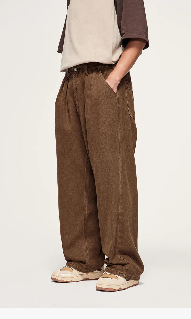 INFLATION Brown Retro Washed Denim Pants Unisex Classic Straight Leg Jeans Male Trouser Plus Size