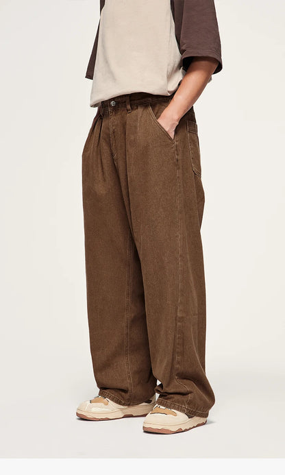 INFLATION Brown Retro Washed Denim Pants Unisex Classic Straight Leg Jeans Male Trouser Plus Size