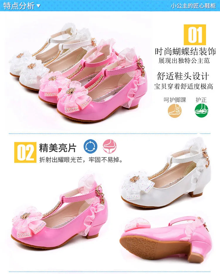 Children's Leather Shoes Girls High Heels White Princess Shoes Spring Autumn Kids Crystal Bow Party Student Performance Shoes