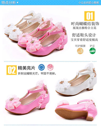 Children's Leather Shoes Girls High Heels White Princess Shoes Spring Autumn Kids Crystal Bow Party Student Performance Shoes