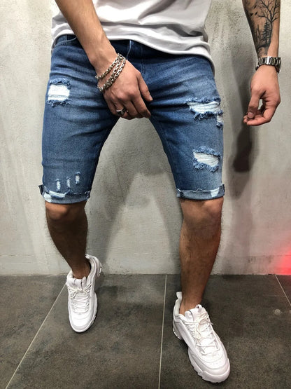 Summer Ripped Jeans Skinny Denim Shorts for Men with Distressed Ripped Cat Whiskers Hip Hop Streetwear Short Pants Men's Pants