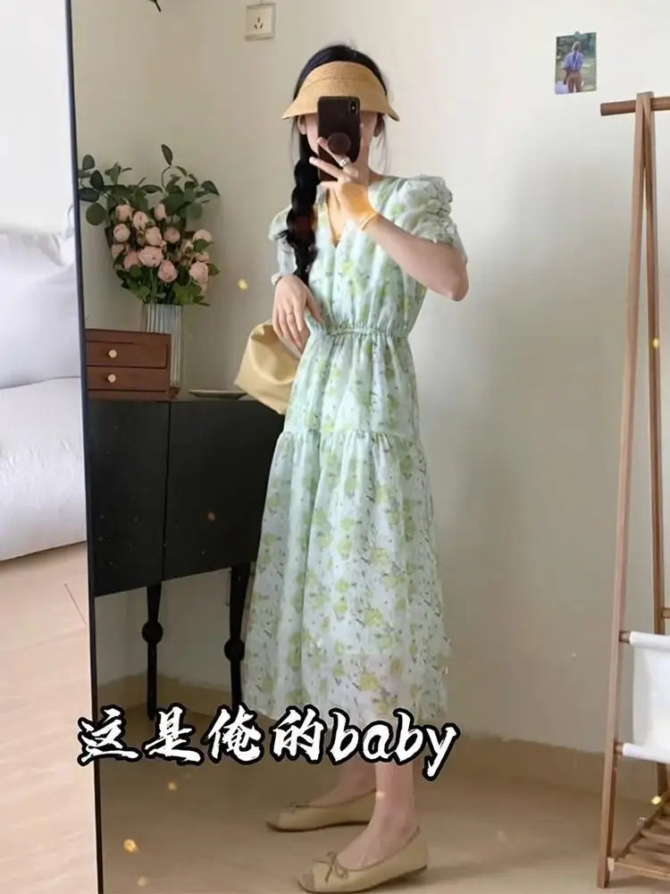 Cheap French Sweet Floral Dress Women V Neck Puff Sleeve Summer Chiffon Dress Summer Bohemian Print A-line Midi Dress In stock