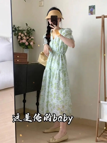 Cheap French Sweet Floral Dress Women V Neck Puff Sleeve Summer Chiffon Dress Summer Bohemian Print A-line Midi Dress In stock