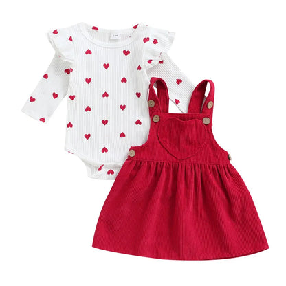 0 to 18 Months Baby Girl Skirt Sets Spring Autumn Clothes Heart Pattern Ruffle Long Sleeve Bodysuit + Suspender Skirt