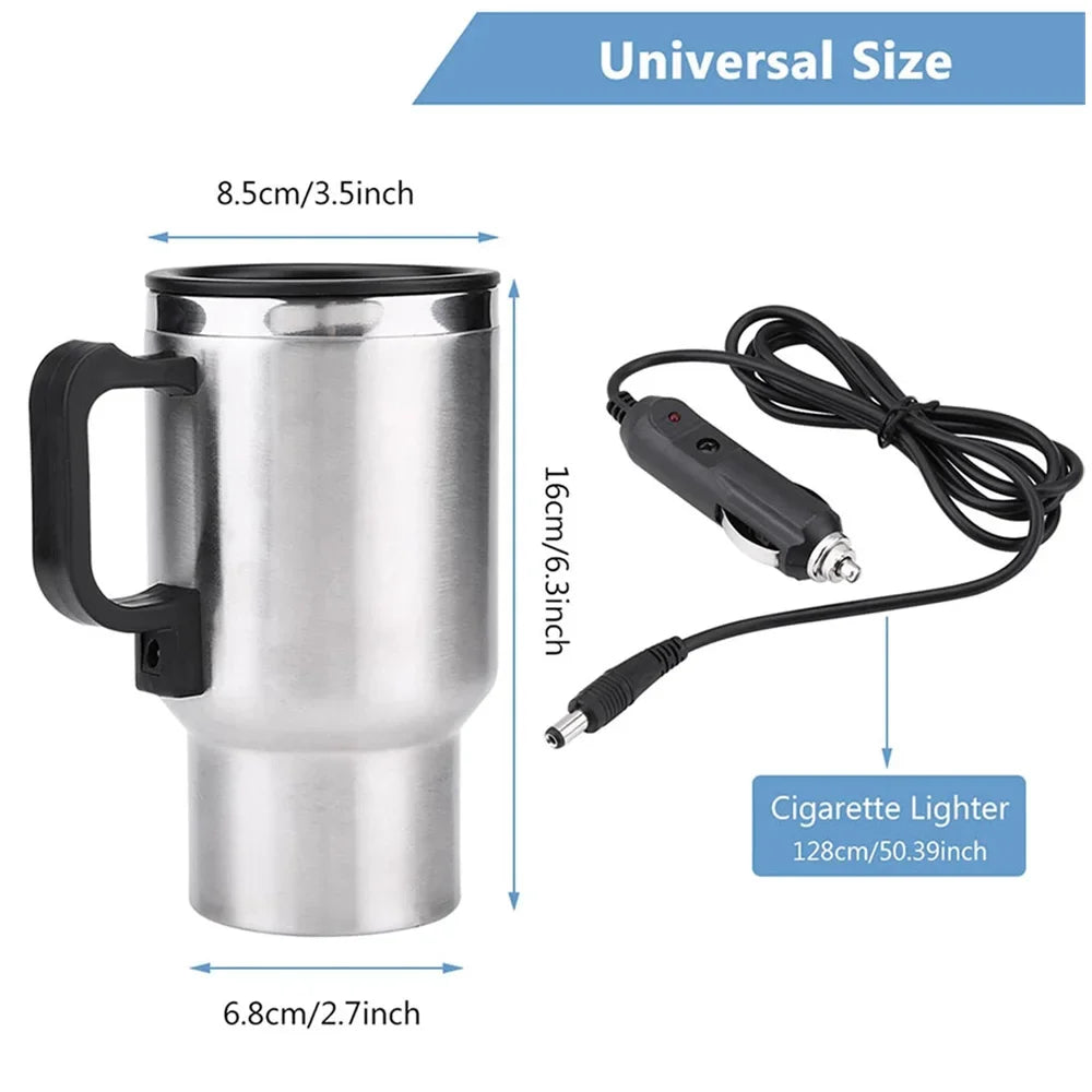 12V Car Heating Cup Car Heated Mug, 450ml Travel Electric Coffee Cup 14oz. Insulated Heated Thermos Mug