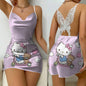 Mini Dress Pajama Skirt Hello Kitty Sexy Dresses Off Shoulder Bow Knot Satin Surface Women's Fashion Summer 2024 Short Party Lace