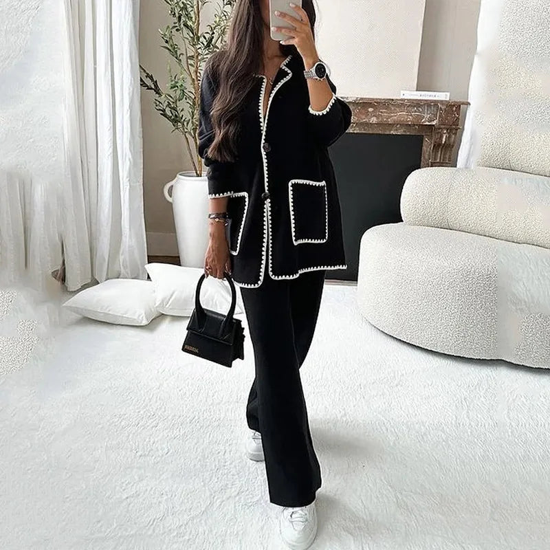 Women'sTwo Pieces Set Long Sleeve Knit Pocket Single Breasted Cardigan Suit Autumn Elegant Fashion Female Warm Street Clothes