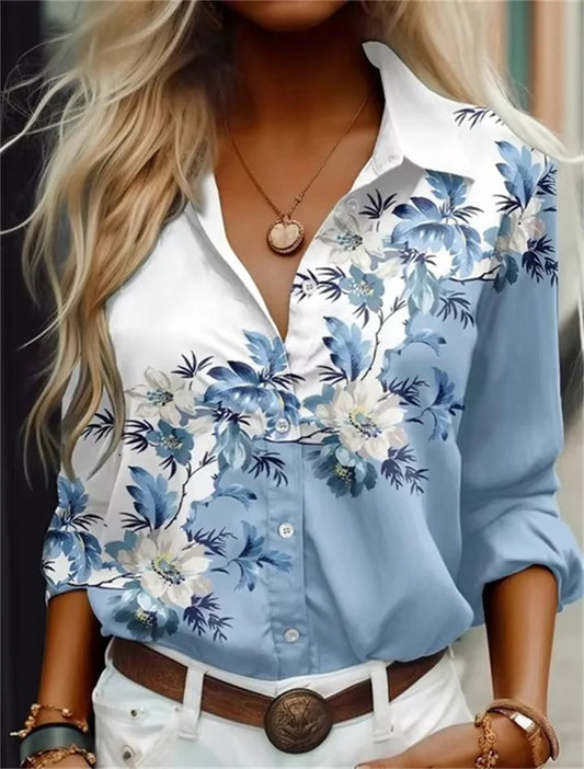 Fashion Women's Shirts Casual Blouses Blue Flowers Print Shirt 2025 New Autumn Large Size Female Clothing Temperament Blouse Top