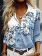Fashion Women's Shirts Casual Blouses Blue Flowers Print Shirt 2025 New Autumn Large Size Female Clothing Temperament Blouse Top
