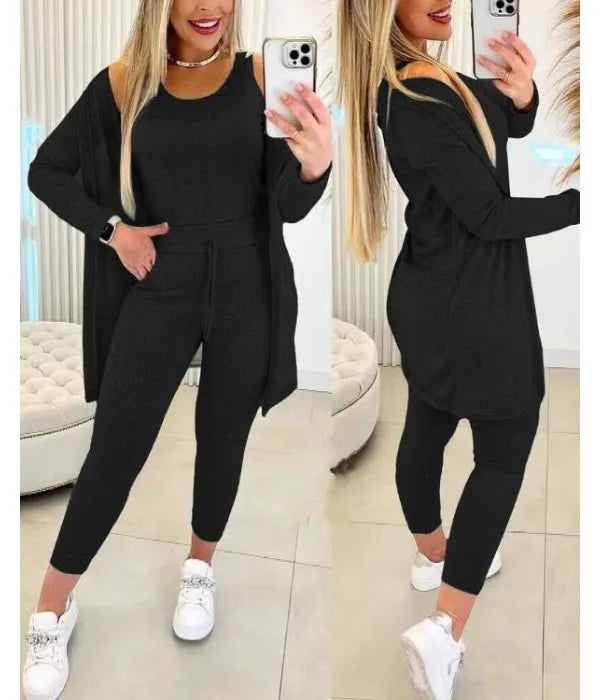Elegant Fall Outfits Women 2025 Suit Fashion Versatile Casual Round Neck Tank Top & Drawstring Pants Set with Coat Three-piece