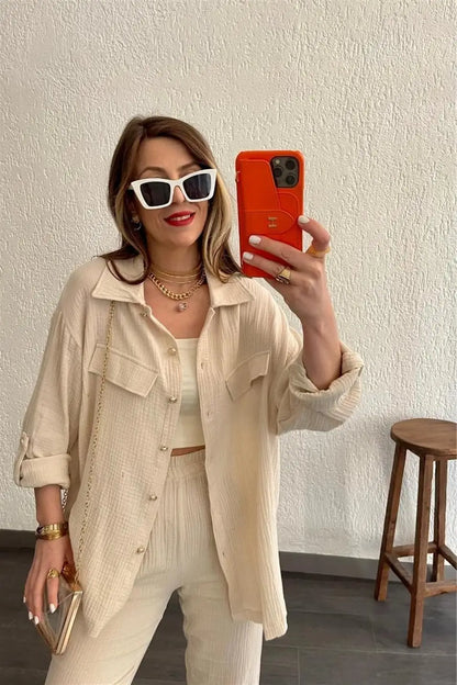 Summer outfits for women 2025 New Loose Button Long Sleeve Shirt and Cropped Pants Casual Sports Summer women's suit Pants Set