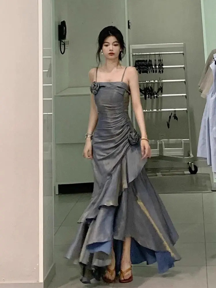 Korean Vintage Velvet Long Dress Women Luxury Slim Mermaid Spaghetti Strap Floral Dress Elegant Sexy Casual Evening Party Dress