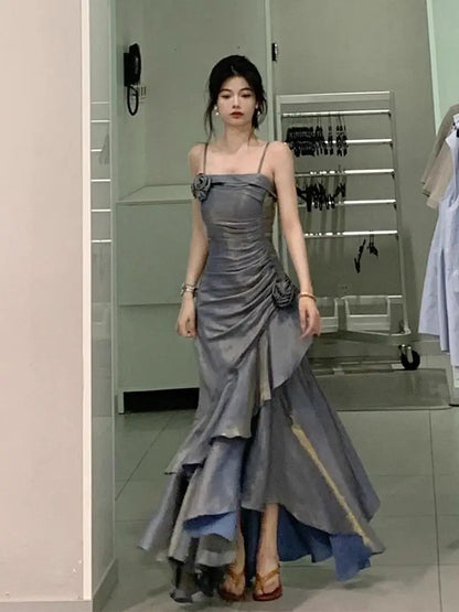 Korean Vintage Velvet Long Dress Women Luxury Slim Mermaid Spaghetti Strap Floral Dress Elegant Sexy Casual Evening Party Dress