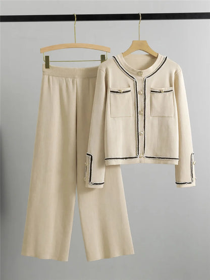 Women Casual Knitted 2 Pieces Sets Korean Cropped Knitwear Sweater Cardigan Tops Conjuntos High Waist Ankle Length Pants Suits