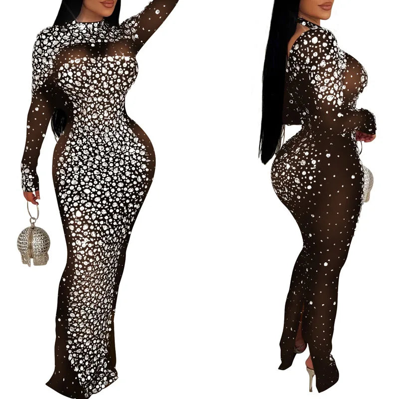 Women Sexy See Through Sheer Mesh Rhinestone Décor Long Sleeve Maxi Party Dress