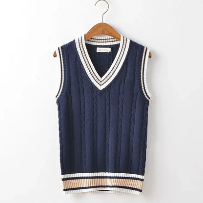Striped White Knitted Sweaters for Men Blue Sleeveless Man Clothes V Neck Vest Red Waistcoat Jumpers Sweat-shirt Cotton