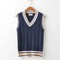 Striped White Knitted Sweaters for Men Blue Sleeveless Man Clothes V Neck Vest Red Waistcoat Jumpers Sweat-shirt Cotton