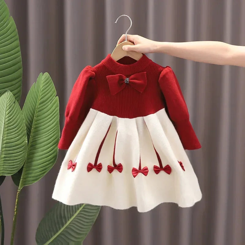 Autumn Winter Girls' Sweater Long Sleeve Dress 2025 Christmas Party Girl Baby Retro Cheongsam Lotus Leaf Knitted Wool Dress