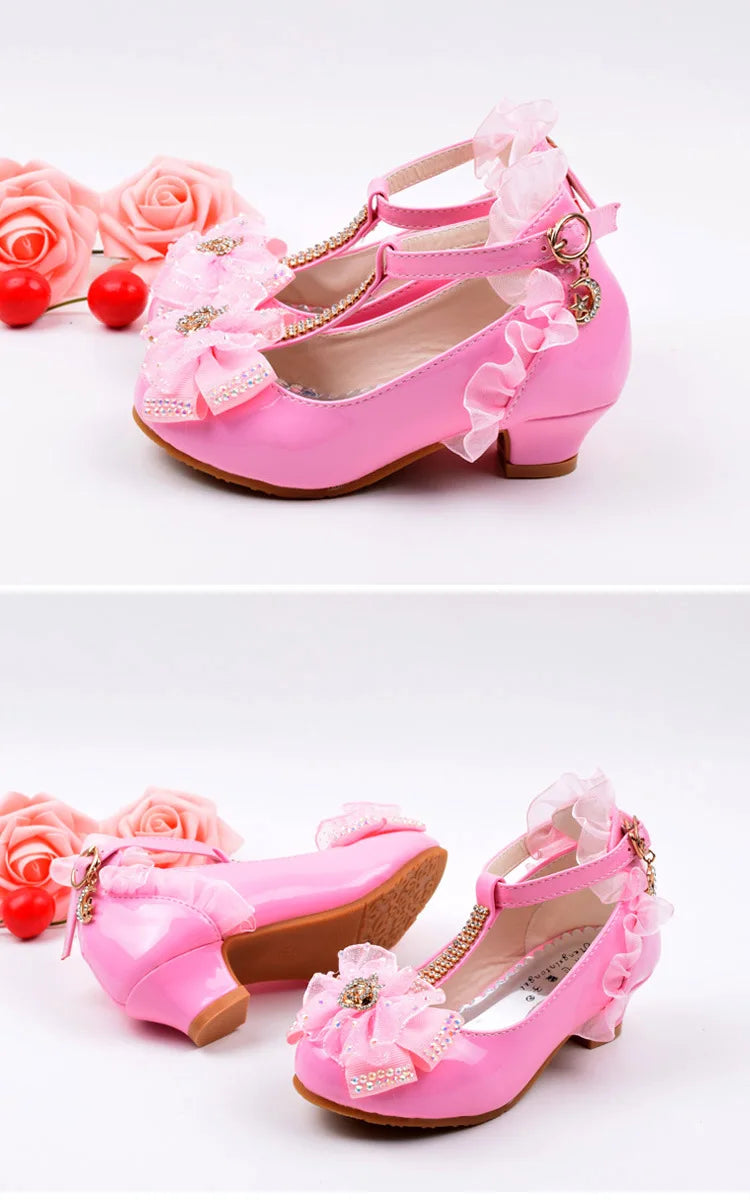 Children's Leather Shoes Girls High Heels White Princess Shoes Spring Autumn Kids Crystal Bow Party Student Performance Shoes