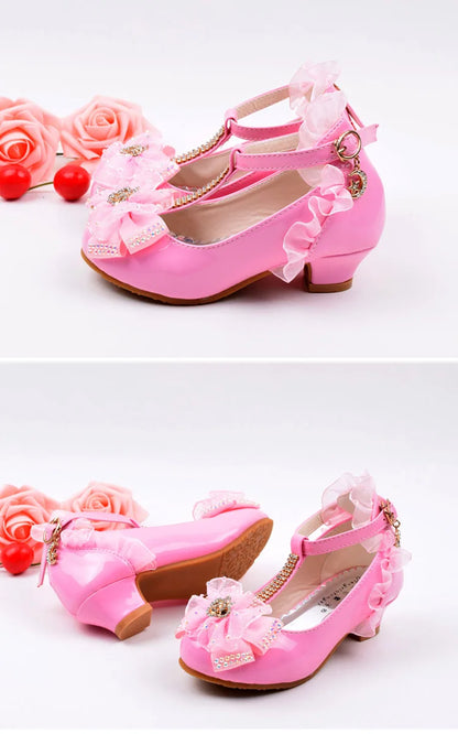 Children's Leather Shoes Girls High Heels White Princess Shoes Spring Autumn Kids Crystal Bow Party Student Performance Shoes
