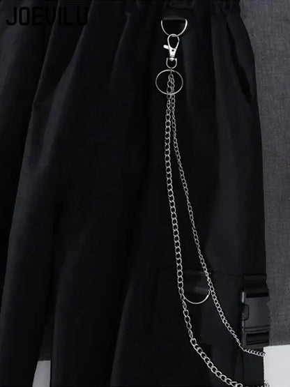 2PCS Women's Streetwear Outfits Loose Long Sleeve Shirt Ribbon Chain Cargo Pants 2 Piece Sets Korean Casual Unisex Couple Suit