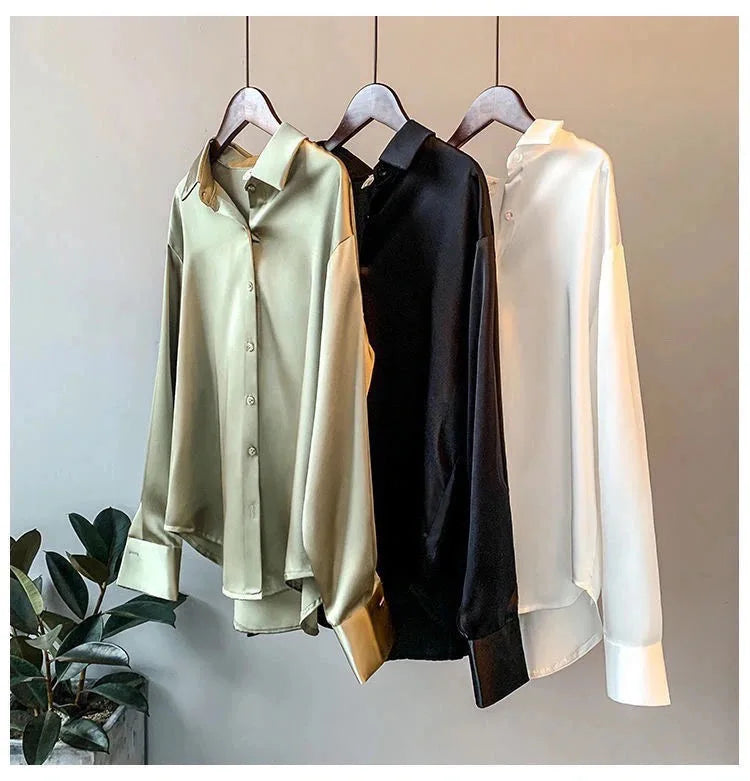 Spring Fashion Button Satin Silk Shirt Hong Kong Style Retro Shirt Women's White Top Women's Long sleeved Women's Loose Street